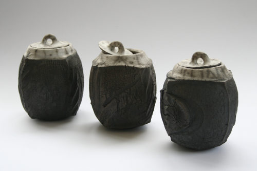 Patricia Shone. Lidded jars raku ceramic fired ht14cm