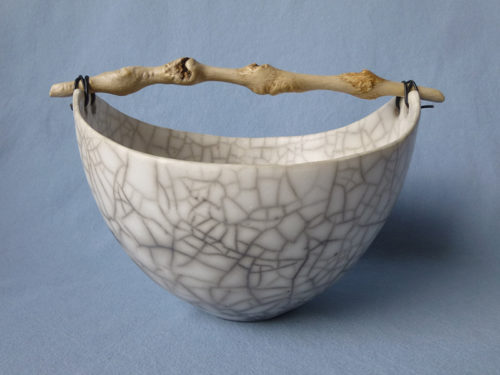 Anne Morrison. Round crackle bowl with knobbly wood