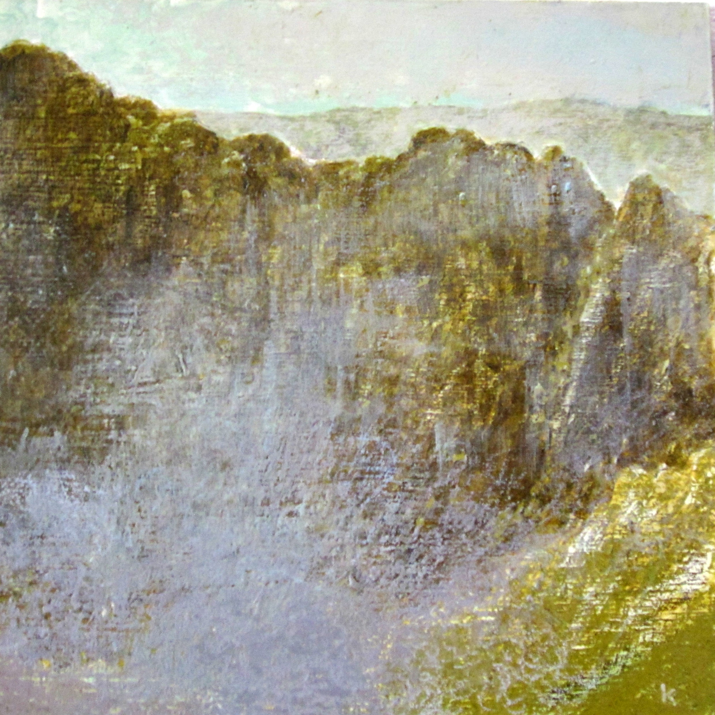 Keith Salmon. 'Breaking mists, Isle of Arran', Acrylic & Pastel, 2013, 30 x 30 cm