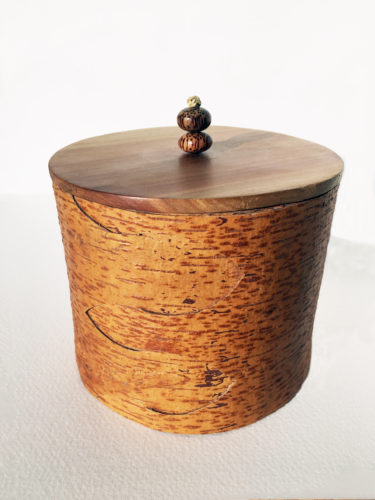TIm Palmer. Birch bark cannister with cherry lid 125mm dia x 105 mm ht
