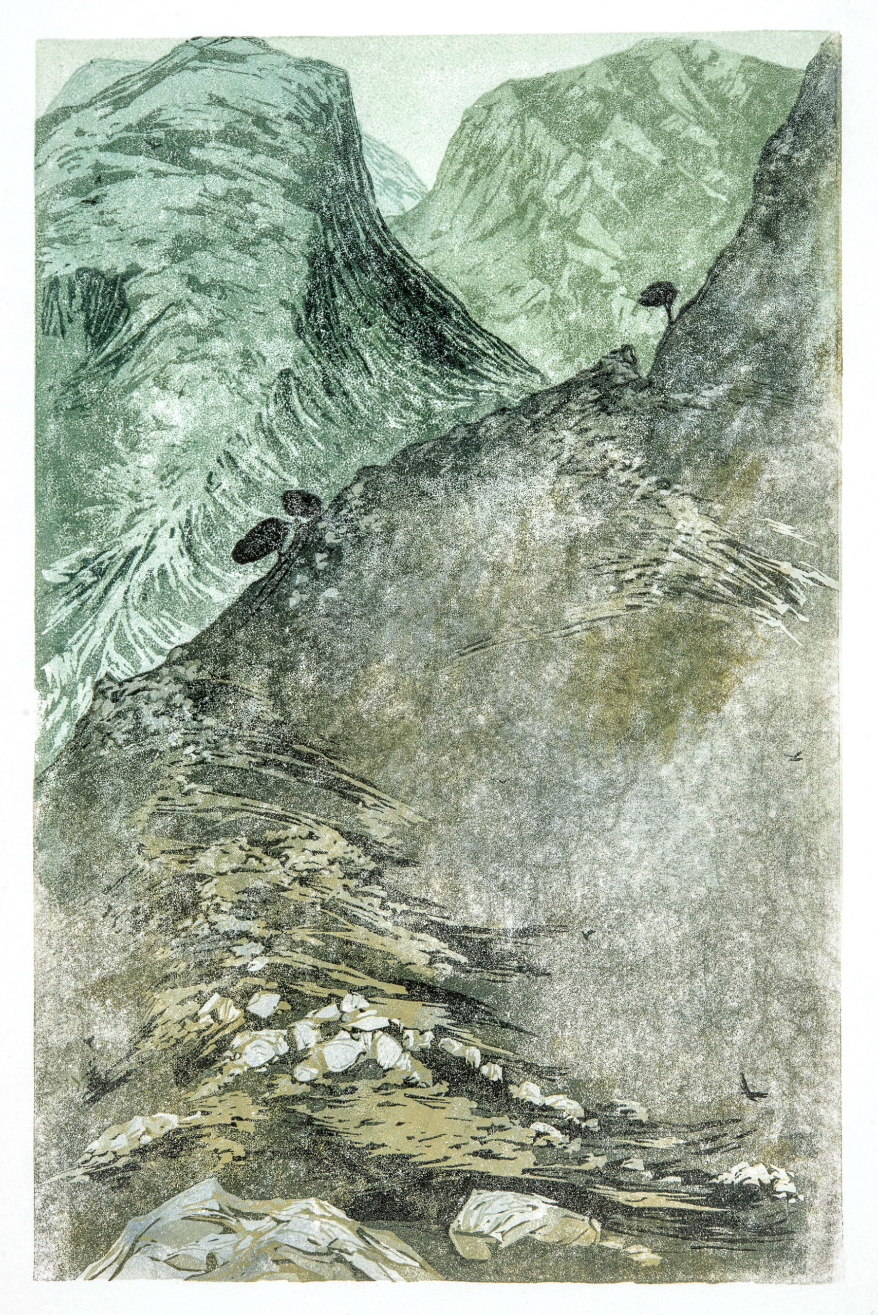 Laura Boswell. Six Bird Hills (Linocut - 220 x 340 mm)