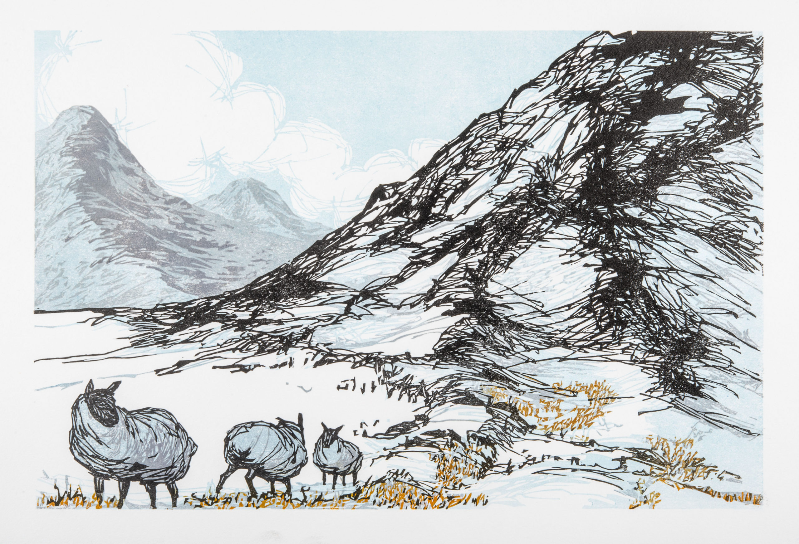 Laura Boswell. Sheep at the border (Linocut - 340 x 225 mm)