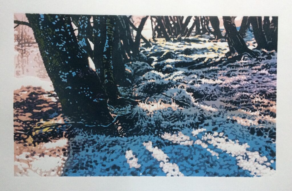 Joshua Miles reduciton linocut of frost on Add river with tree shadows