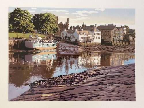 Joshua Miles reduction linocut print of house reflection in the river, Kirkcudbirght, Scotland
