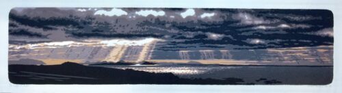Joshua Miles reduciton linocut of sunling through clouds over Gigha island, Scotland