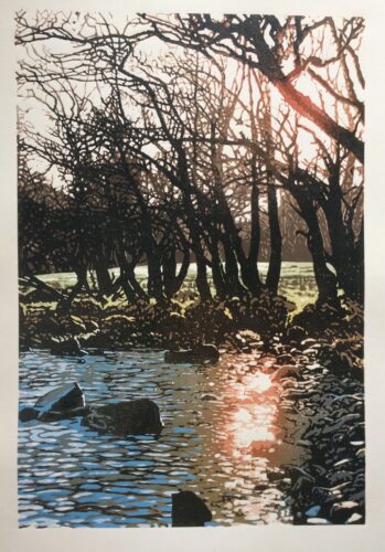 Joshua Miles reduction linocut of loch Awe sunset reflection in water