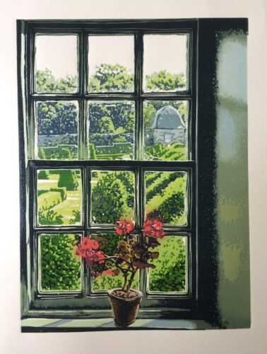Joshua Miles Reduction linocut of Edinburgh window with a garden view