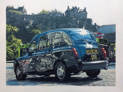 Joshua Miles reduction linocut print of city cab / taxi in front of Edinburgh castle, Scotland