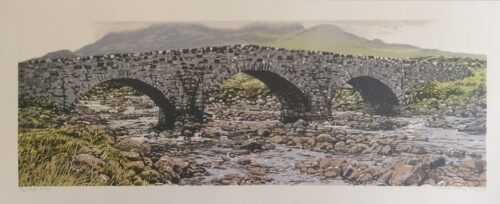 Joshua Miles reduction linocut of Skye arched stone bridge