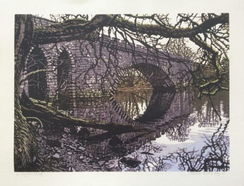 Joshua Miles reduciton linocut print of Tonguland bridge - segmental arch bridge designed by Thomas Telford, over river Dee