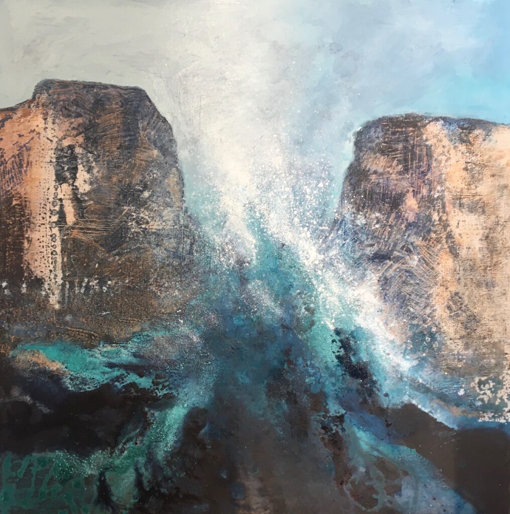 Glynnis Carter. Breaking Wave;  92x92cm mixed media painting on canvas inspired by Scotland landscape