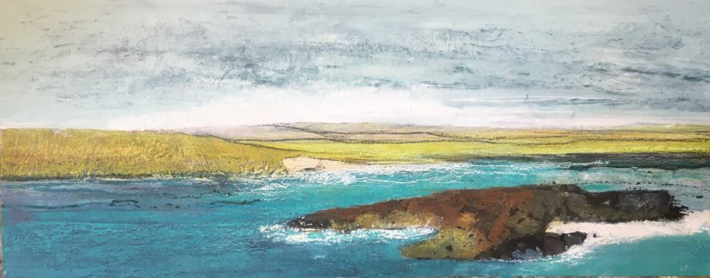 Glynnis Carter. Coastline; 46x102cm mixed media painting on canvas inspired by Scottish landscape