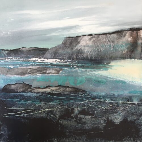 Glynnis Carter. Headland;  40x40cm framed mixed media painting on canvas inspired by Scotland landscape