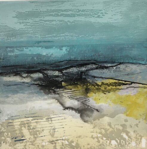 Glynnis Carter. Horizon 40x40cm framed mixed media painting on canvas inspired by Scotland landscape