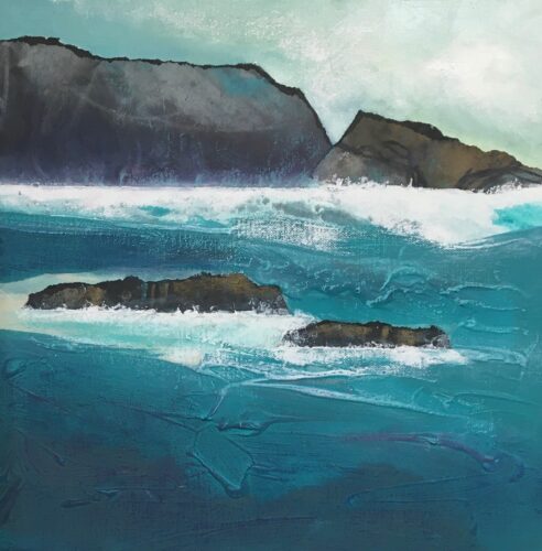 Glynnis Carter. Incoming Tide;  40x40 framed mixed media painting on canvas inspired by Scotland landscape