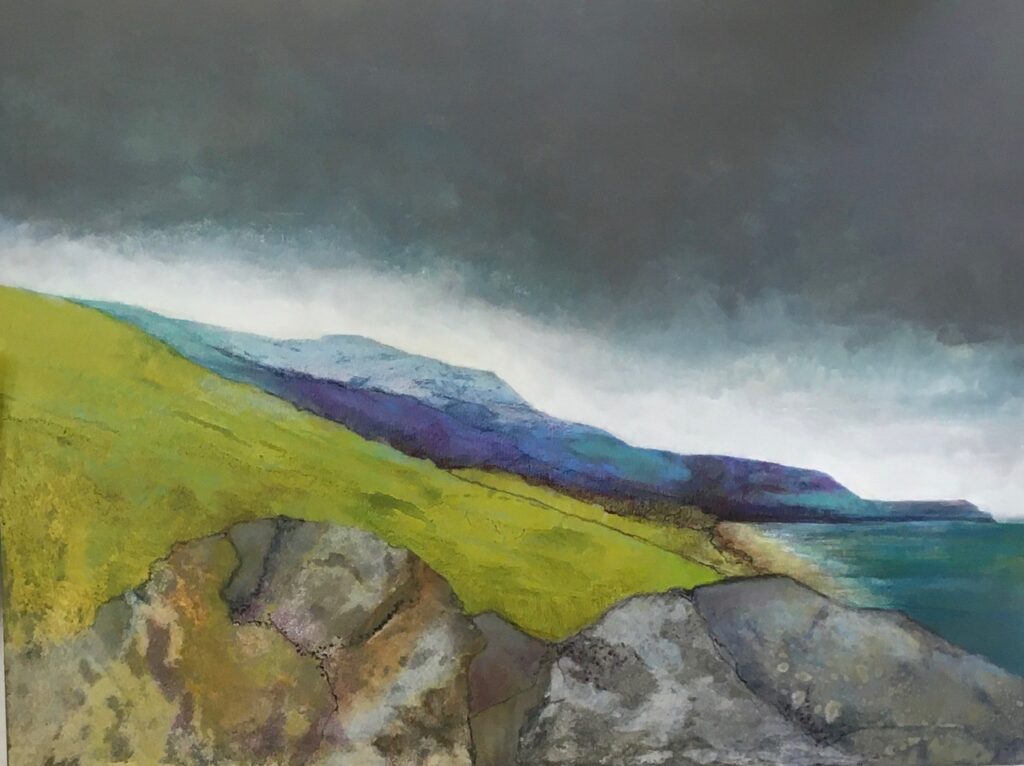 Glynnis Carter. Shoreline;  92x122cm mixed media painting on canvas inspired by Scotland landscape
