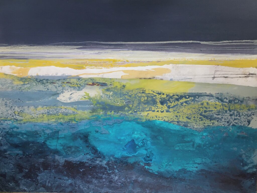 Glynnis Carter. Towards the Shore,  76x100cm mixed media painting on canvas inspired by Scotland landscape