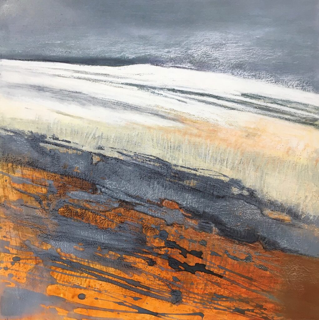 Glynnis Carter. Winter Fell;  60x60cm mixed media painting on canvas inspired by Scotland landscape