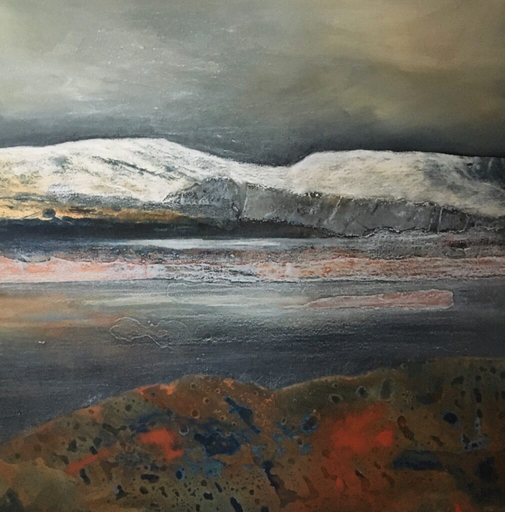 Glynnis Carter. Winter Ice, 60x60cm mixed media painting on canvas inspired by Scotland landscape