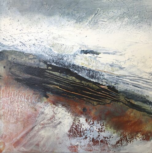 Glynnis Carter. Winter Storm; 30x30cm framed mixed media painting on canvas inspired by Scotland landscape