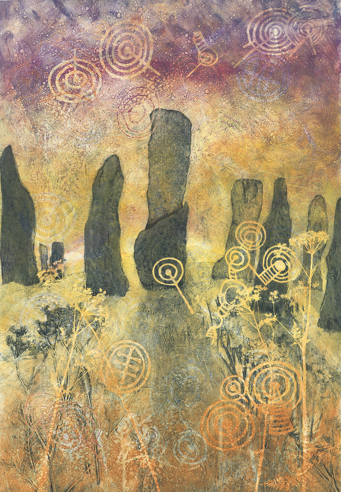 Collagraph print of standing stones in the landscape