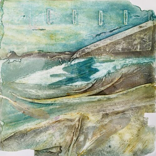 A semi-abstract collagraph of a headland and distant islands coming down the the sea