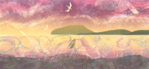 Carol Nunan. Flight At Sunrise Landscape collagraph print in pink shades.
