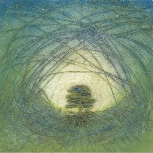 A semi-abstracted image of Sycamore Gap tree on Hadrians Wall in the Dark Skies National park. Collagraph print