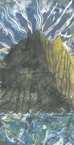 Carol Nunan. Nesting Colony (collagraph print of semi-abstract landscape mount, water, sky)