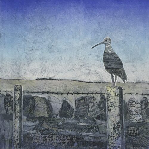 Collagraph print of Curlew sitting on a fence post by a stone wall looking out across the moors