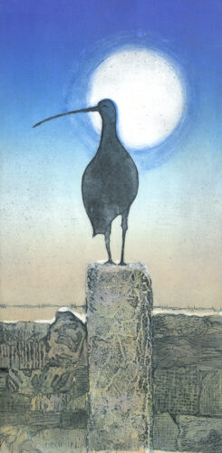 Carol Nunan. Winter Night Under A Full Moon Collagraph print of curlew stading on a post in the night sky