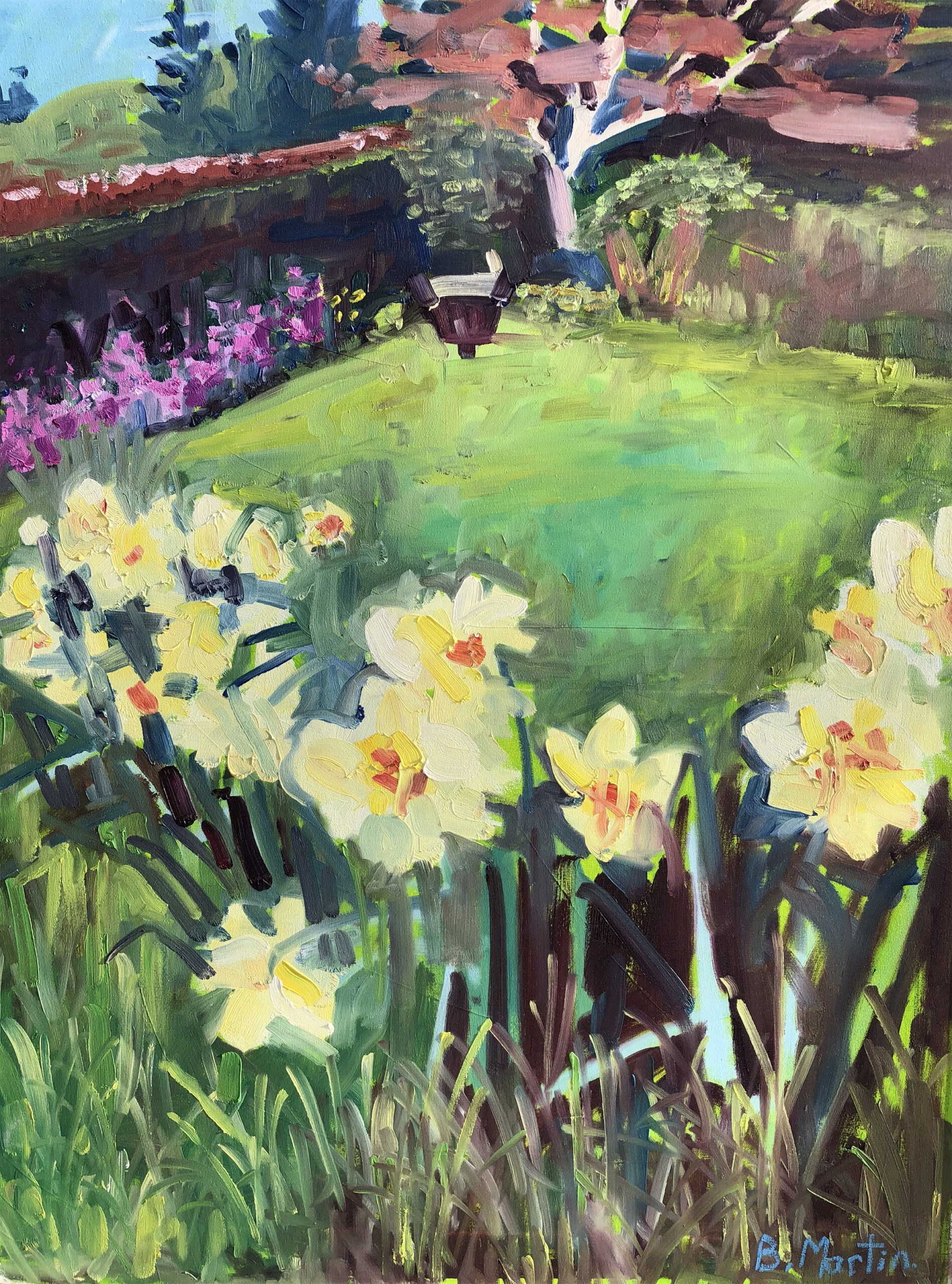 Brenda Martin. The Empty Wheelbarrow oil on canvas H80xW60 Daffodils blooming spring landscape
