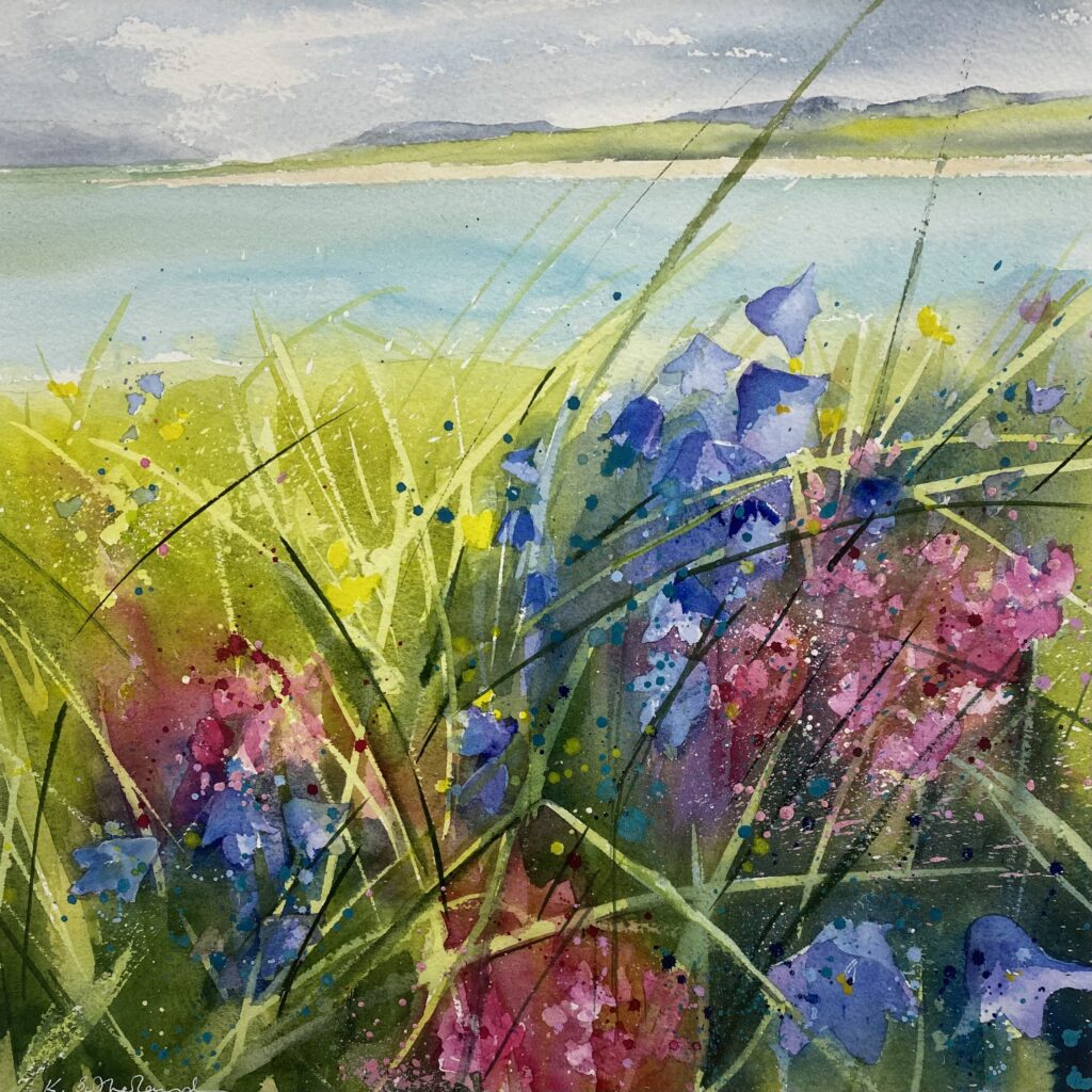 Katherine Sutherland. 'Wild flowers of Harris', 51 x51cm, watercolour
