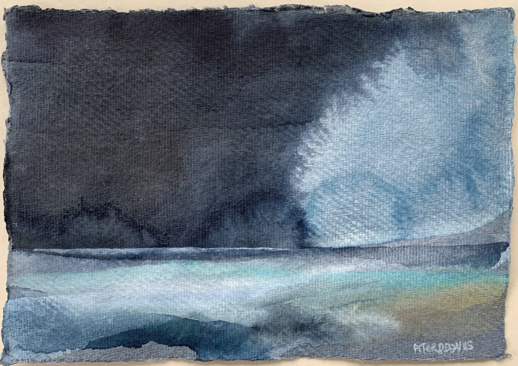 Peter Davis - Storm passing, Watercolour, bodycolour and chalk on Khadi grey paper 2022 (150x210mm)
