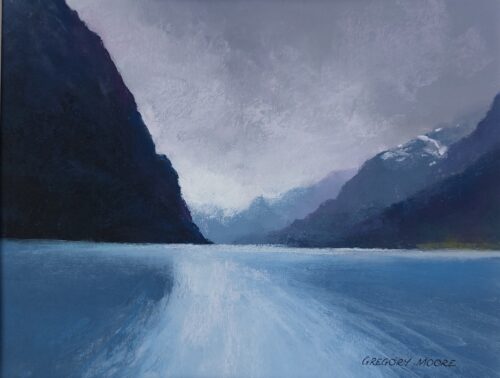 Gregory Moore. Blue Fjord, pastel, 24 x 31 cm