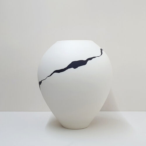 Leonie Rutter, Vessel 451 White wheel thrown porcelain moon jar with black ribbon £165