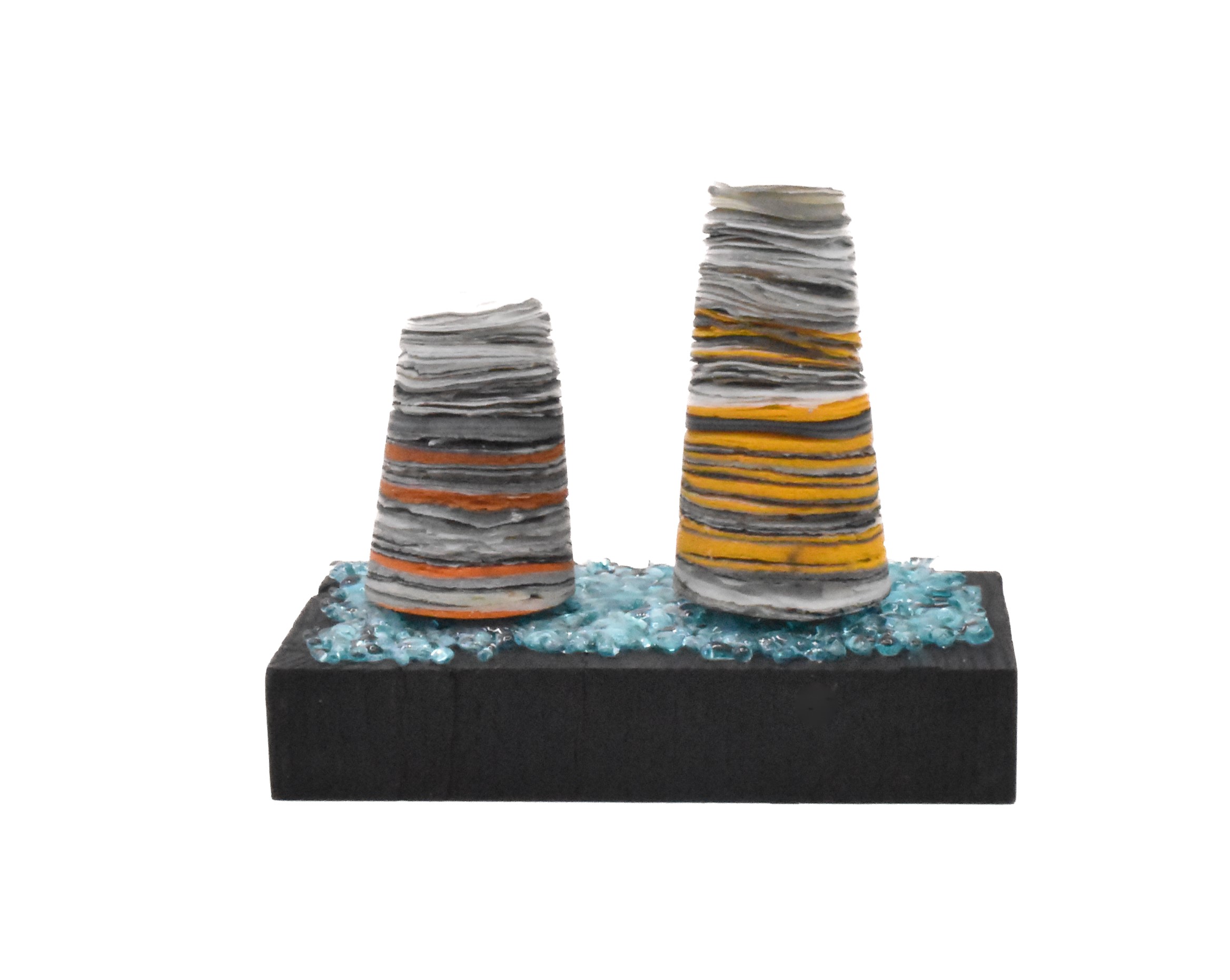 Alison Jardine 'Orange and grey stacks 1' 12(h)x16x9 Glass , silver leaf, paint, wood