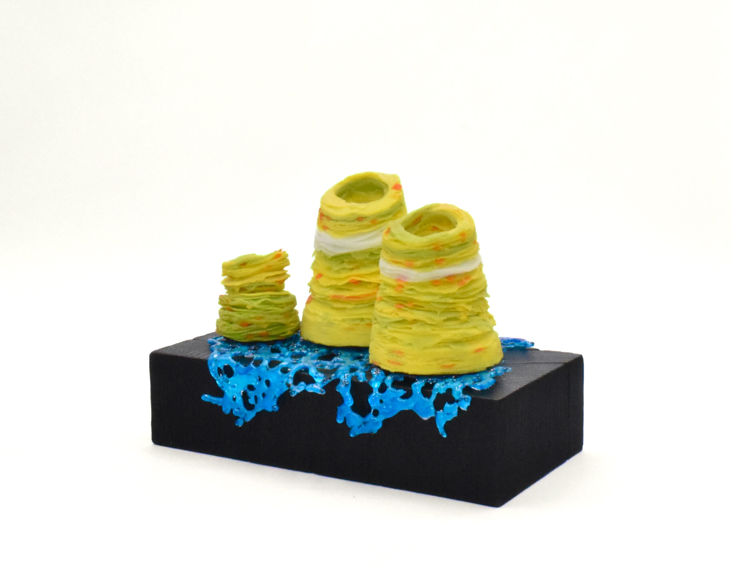 Alison Jardine 'Yellow stacks 1' 21(h)x16x8 Glass, silver leaf, paint on wood