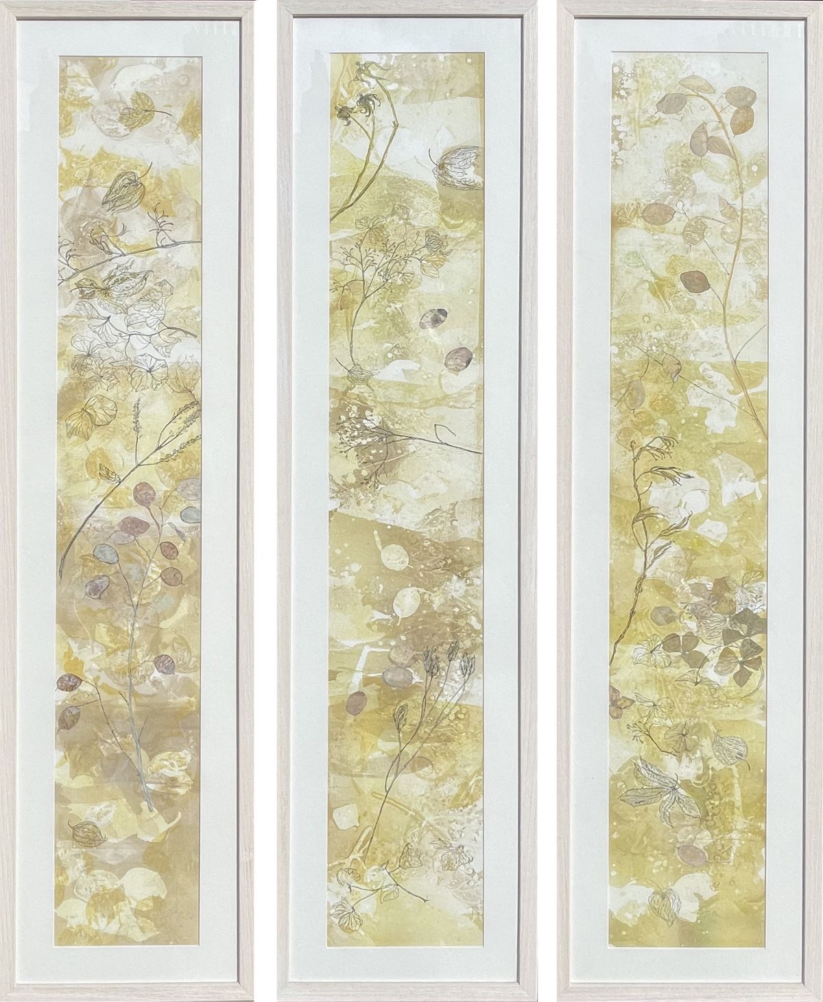 Autumn Seeds. (reduced) Triptych. Gel print, ink drawing detail 124(h) x 30 cm