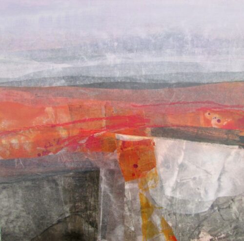 Annie Green, Autumn mist, 50x50cm, mixed media on wood limed wax tray frame,