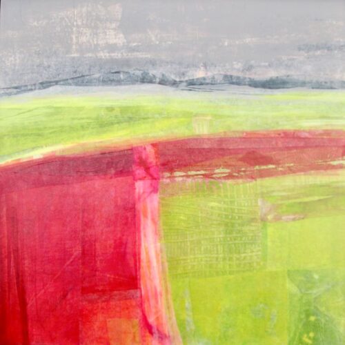 Annie Green, Over the fields, 46x46cm, mixed media on wood, grey tray frame,