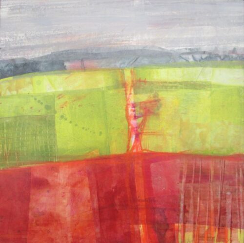 Annie Green, Red fields, 46x46cm, mixed media on wood, grey tray frame,