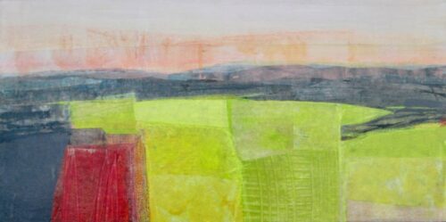 Annie Green, Softly comes the evening, 40x20cm, mixed media on wood, grey tray frame,