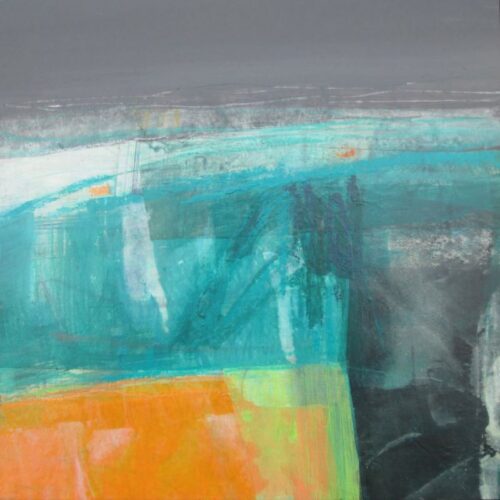 Annie Green, Under a looming sky, 30x30cm, mixed media on wood grey tray frame,
