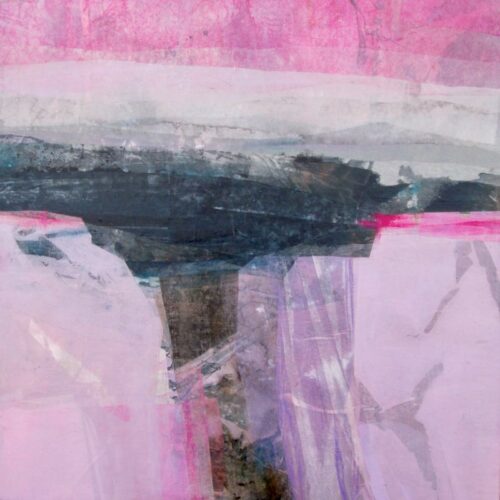 Annie Green, Under a pink sky, 46x46cm, mixed media on wood grey tray frame,