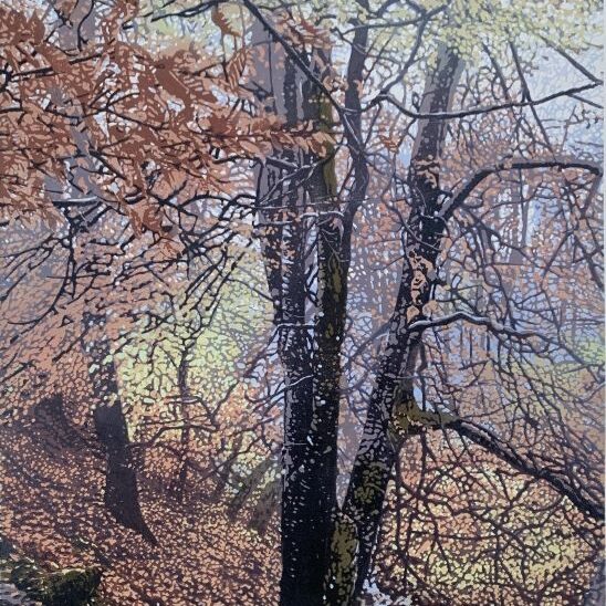Joshua Miles. Through the leaves 560 x 380mm Linocut